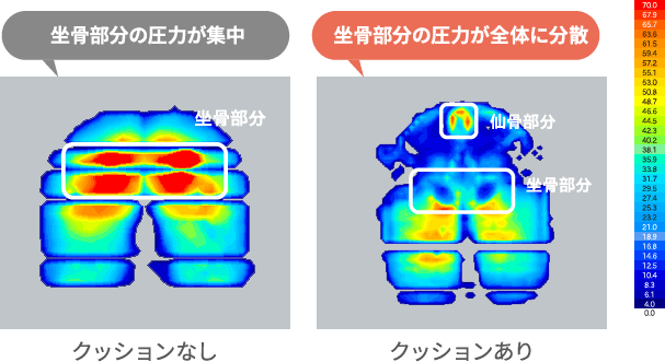 坐骨部分の圧力が集中 坐骨部分の圧力が全体に分散 クッションあり クッションなし